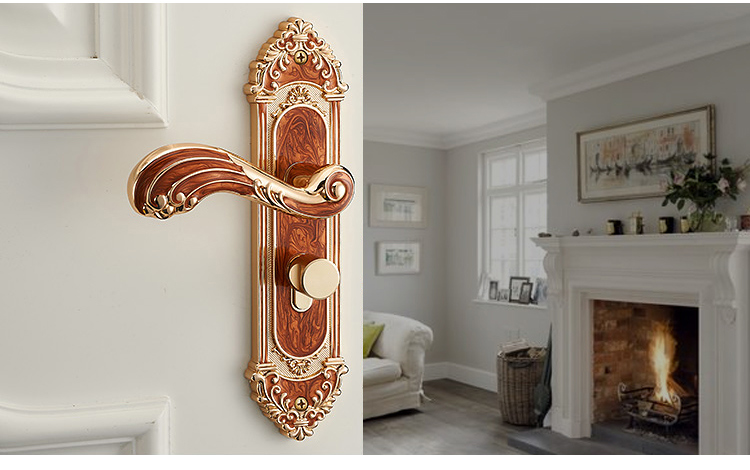 European Style Copper Wooden Front Gate Handle Set Key Door Lock