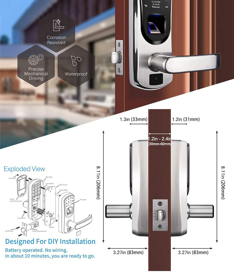  Fingerprint Smart Door Lock Keyless Entry Stainless Steel Touchscreen with Electronic Keypads Spare Key Two-Factor Authentication Biometric Digital Auto-Lock Right Handle Only