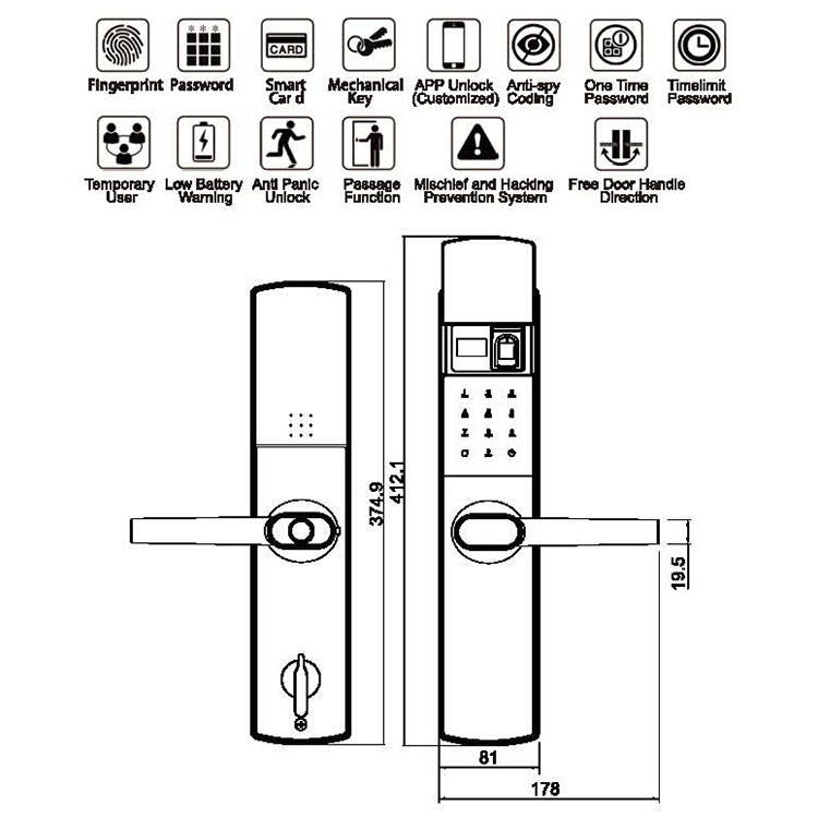 Automatic Digital Keypad Fingerprint Smart Card Front Automatic Double Entry Door Lock Manufacture
